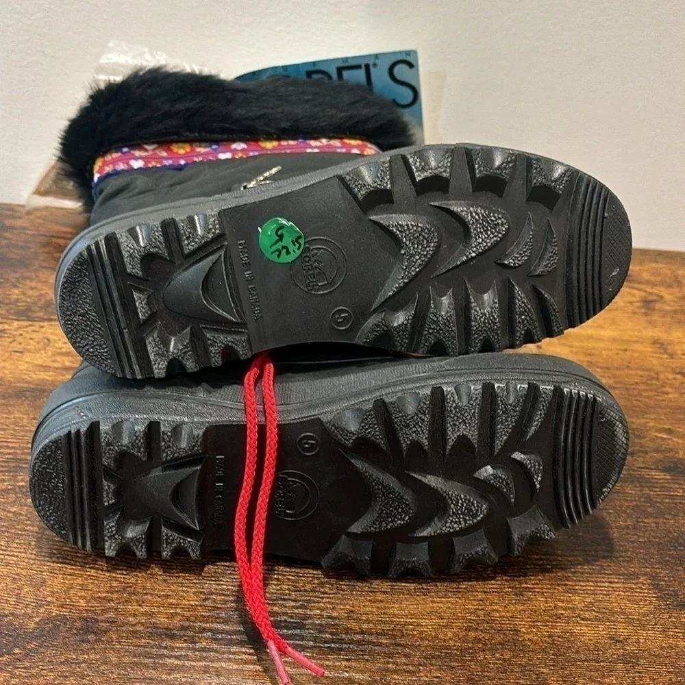 SOREL BLACK WINTER BOOTS YOUTH BIG GIRLS SIZE 5 FLORAL BOHO LINED NWT